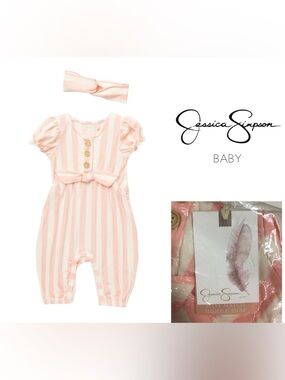 🆕JESSICA SIMPSON BABY - 3/6M - NWT - 2PC PINK STRIPE COVERALL AND HEADBAND